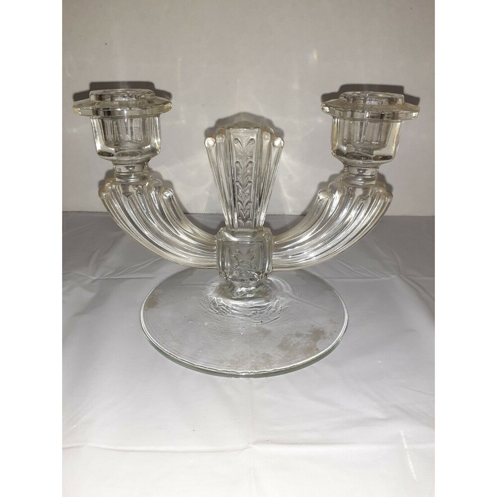 Vintage Tiffin Double Clear Glass Candlestick Taper Dinner Candle Holder